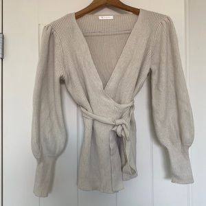 Women’s Wrap V Neck Sweater Top Balloon Sleeves Ribbed Knitted